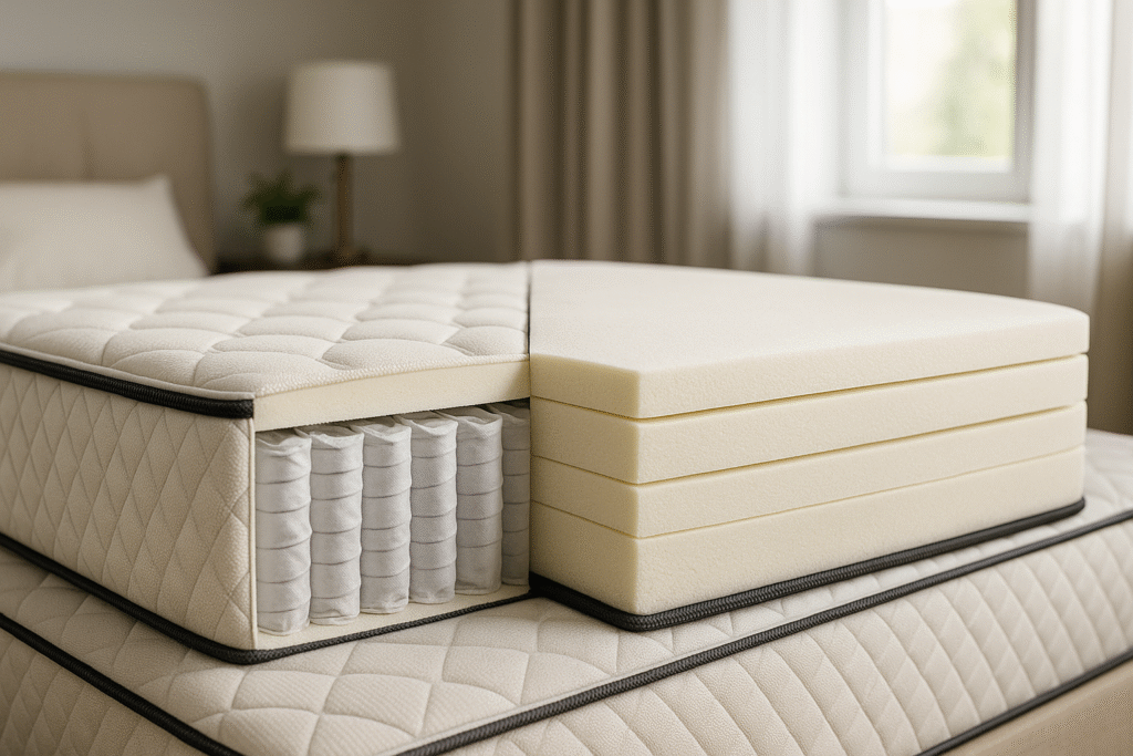 Estrutura interna de um colchão de mola ensacada ou espuma.